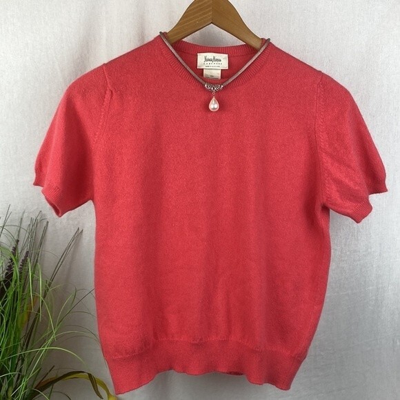Neiman Marcus 100% Cashmere Orange Coral Short Sleeve Knit Sweater Top M - Picture 2 of 7